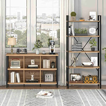 FATORRI 6 Cube Storage Organizer with Shelf, Long Wood and Metal Cubby Bookcase, Industrial Horizontal Bookshelf (Rustic Oak, 47 Inch)