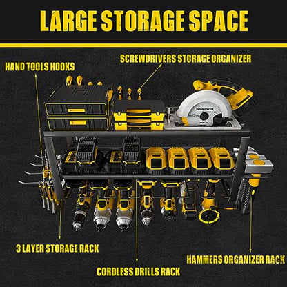 MOOMSINE Power Tool Organizer, Storage Rack for Garage Organization, Wall Mount Cordless Drill Holder and Battery Shelf, Tools Shelves with Charging