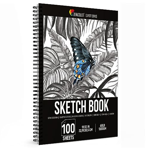 ZENACOLOR - Professional 100 Sheets Sketch Book 9"x12" with Spiral Bound and Hardback Cover - White Acid-Free Drawing Paper (100 g) - WoodArtSupply