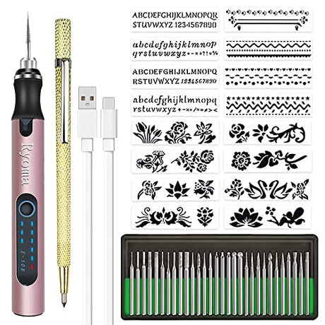 Rechargeable cordless Electric Micro Engraver Pen Mini DIY Engraving Tool Kit for Metal Glass Ceramic Plastic Wood Jewelry with 30 Bits and 16 Ryoma