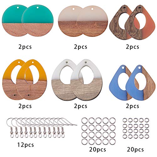 SUNNYCLUE 1 Bag 64Pcs 6 Colors Resin Wood Dangle Drop Earring Making Starter Kit Lightweight Round Drop Resin Wooden Pendant Charms Jewelry Making SUNNYCLUE