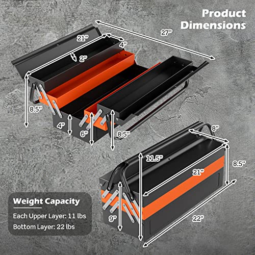 Goplus 22-Inch Metal Tool Box, 3-Layer 5-Tray Portable Folding Tool Chest Organizer with Handle & Lock Hole, Cantilever Toolbox for Garage Trunk - WoodArtSupply