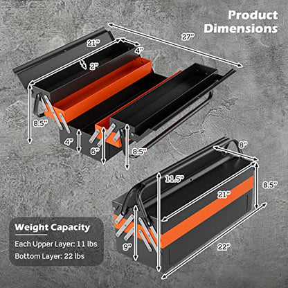 Goplus 22-Inch Metal Tool Box, 3-Layer 5-Tray Portable Folding Tool Chest Organizer with Handle & Lock Hole, Cantilever Toolbox for Garage Trunk - WoodArtSupply