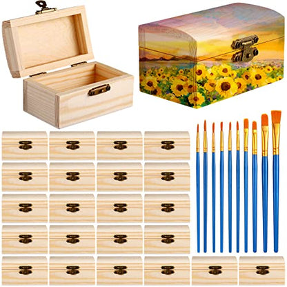 24 Pack Unfinished Wood Treasure Chest with 10 Paintbrushes, Small Treasure Box Wooden Craft Boxes with Locking Clasp Wooden Storage Box for DIY - WoodArtSupply