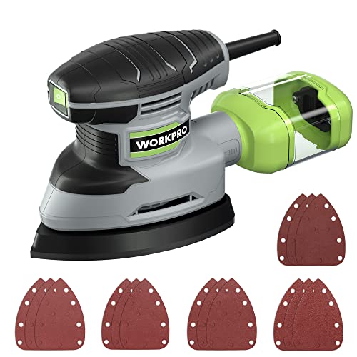WORKPRO Detail Sander, 13,000 OPM Compact Electric Sander with Dust Collector, 1.6Amp Power Sander with 15PCS Sanderpapers for Tight Spaces WORKPRO