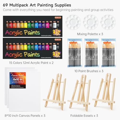 Shuttle Art 69 Pack Acrylic Paint Set, Acrylic Painting Set with 2 Pack of 15 Colors Acrylic Paint, 3 Sets of Wooden Easels, Canvas, Brushes & Shuttle Art
