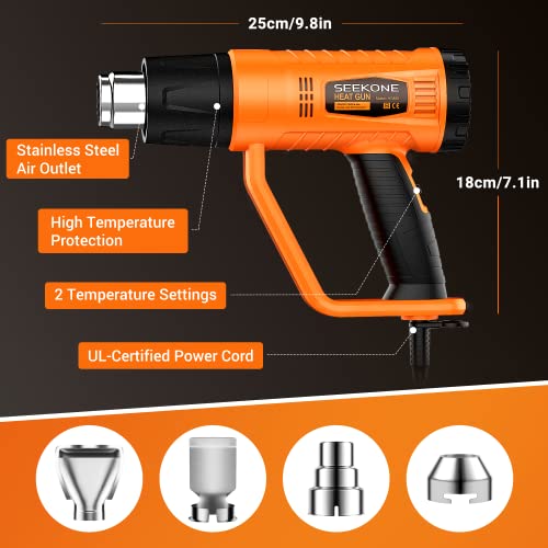SEEKONE Heat Gun 1800W Heavy Duty Fast Heat Hot Air Gun Kit with 752℉&1112℉（400℃-600℃） Dual-Temperature Settings and 4 Nozzles with Overload