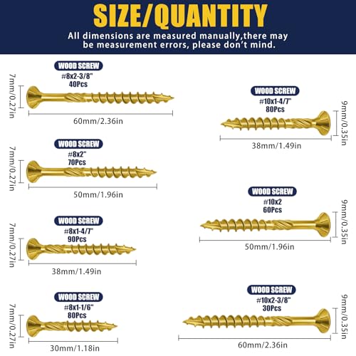 Bonost 450Pcs Wood Screws Assortment Kit - Assorted Wood Screws with Matching Bits - Torx Drive Wood Screw Set for Decking, Furniture, Woodworking Bonost