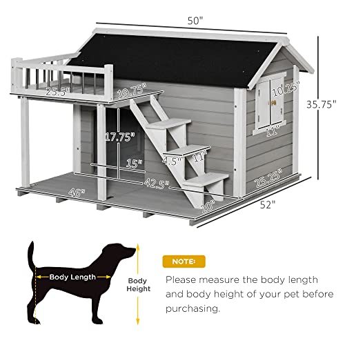 PawHut Wooden Dog House Outdoor with Porch, Cabin Style Raised Pet House with Ladder Balcony Water-Resistant Asphalt Roof, for Medium and Large Dogs