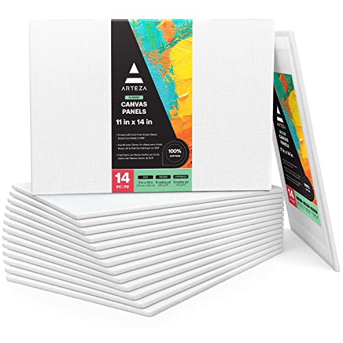 ARTEZA Canvases for Painting, Pack of 14, 11 x 14 Inches, Blank White Canvas Panels, 100% Cotton, 8 oz Gesso-Primed, Art Supplies for Acrylic Pouring ARTEZA