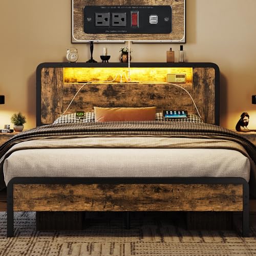 Yaheetech Rustic Industrial Queen Bed Frame with LED Lighting and Storage Solutions - WoodArtSupply