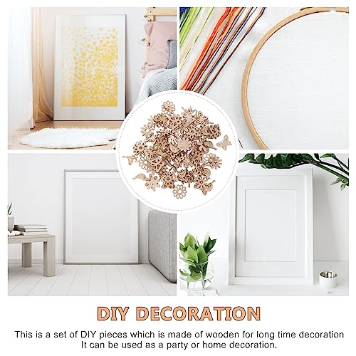 Happyyami 100pcs Unfinished Wood Cutouts Wooden Flower Butterfly Bird Embellishments Table Confetti Rustic Wedding Decorations DIY Wood Craft Happyyami