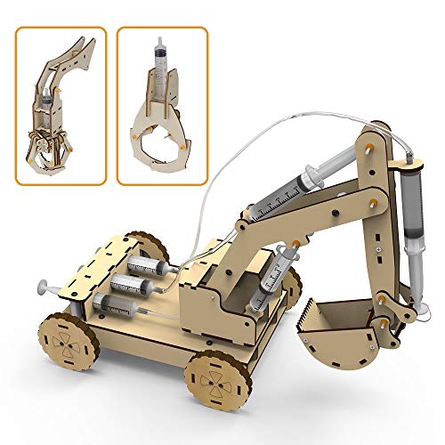 3D Wooden Construction Excavator Vehicle Toys Set, STEM Science Kit with Air Pressure System to Build A Wood Excavator Model Including 3 Replaceable Mini Tudou