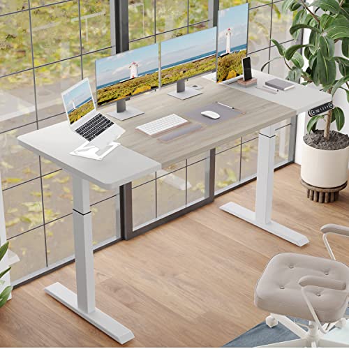 BUNOEM Height Adjustable Electric Standing Desk, 63x30 Height Stand Up Computer Desk,Sit and Stand Home Office Desk with Splice Board (White+Oak Top, - WoodArtSupply