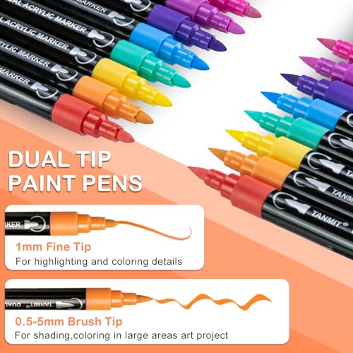 24 Colors Acrylic Paint Pens, Dual Tip Acrylic Paint Markers with Brush Tip and Fine Tip, Acrylic Pens for Rock Painting, Wood, Canvas, Stone, Glass, TANMIT