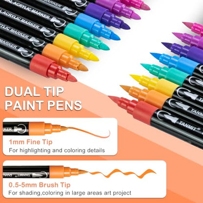 24 Colors Acrylic Paint Pens, Dual Tip Acrylic Paint Markers with Brush Tip and Fine Tip, Acrylic Pens for Rock Painting, Wood, Canvas, Stone, Glass, - WoodArtSupply