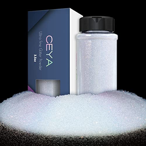 Ceya Ultra Fine Glitter Powder, 3.5oz/ 100g Iridescent White Craft Glitter Powder 1/128” 0.008” 0.2mm Nail Glitter for Epoxy Resin DIY Craft Tumblers ceya