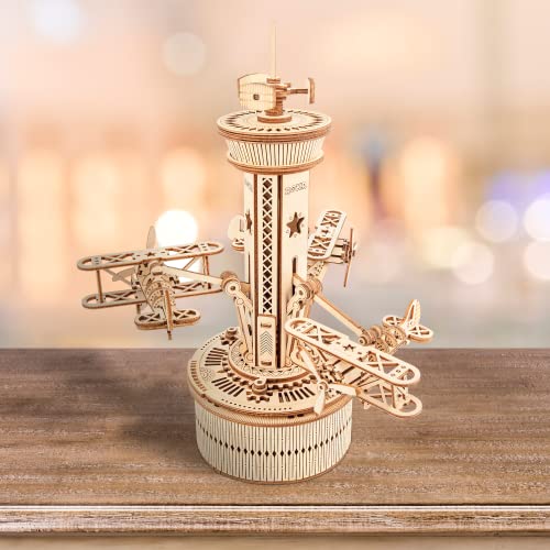 ROKR 3D Wooden Puzzles for Adults Mechanical Music Box-Airplane Tower, DIY Rotating Music Box Model Building Kits for Teens, DIY Crafts/Hobbies/Gifts ROKR