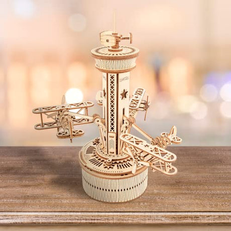 ROKR 3D Wooden Puzzles for Adults Mechanical Music Box-Airplane Tower, DIY Rotating Music Box Model Building Kits for Teens, DIY Crafts/Hobbies/Gifts ROKR