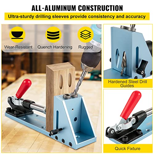VEVOR Pocket Hole Jig Kit, Adjustable & Easy to Use Joinery Woodworking System, Professional and Upgraded Aluminum, Wood Guides Joint Angle Tool with