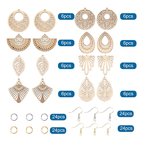 Elecrelive 48pcs Unfinished Wooden Dangle Earring Making Kit 8 Styles Burlywood Filigree Earrings Pendants Blank with Jump rings & Earring Hooks for EEE ELECRELIVE
