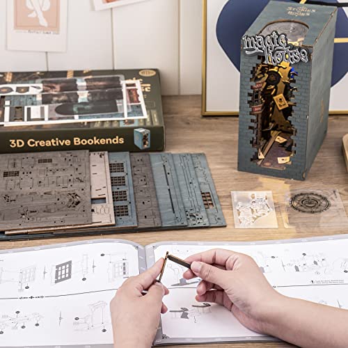 ROBOTIME DIY Book Nook Kit Decorative Booknook Bookshelf Insert Bookcase Book Stand 3D Wooden Puzzle DIY Miniature House Kit with LED Light Model Kit ROBOTIME