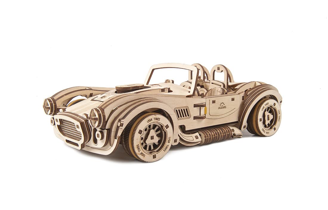 UGEARS Vintage Car Model Kit - Drift Cobra Racing Car 3D Puzzle Kit Idea - Wooden 3D Puzzles Model Kits for Adults with Powerful Spring Motor - Model UGEARS