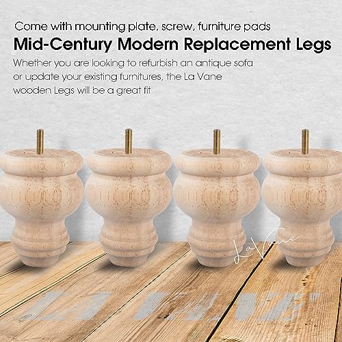 La Vane 3 inch / 8cm Unfinished Wooden Furniture Legs, 4PCS Soild Wood Turned Spindle Replacement Bun Feet with Pre-Drilled M8 Inch Bolt & Mounting La Vane