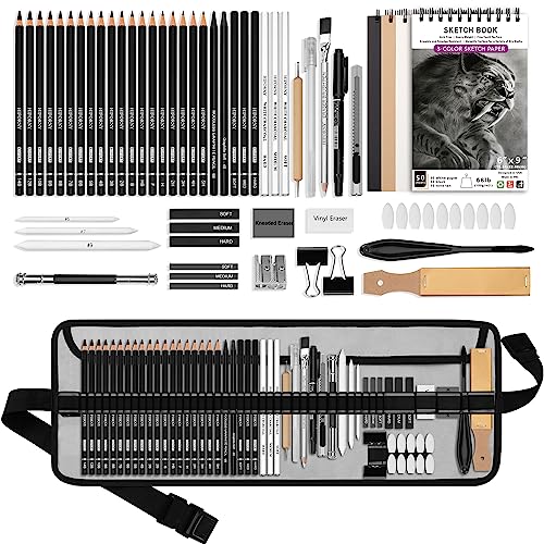 HIFORNY 60 Pcs Drawing Kit Sketching Pencil Set,Sketch Pencils Art Supplies with 3-Color Sketchbook,Graphite,Charcoal,Drawing Pencils for Adults - WoodArtSupply