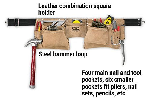 Custom LeathercraftI427X Heavy Duty Contractor-Grade Suede Leather Work Apron, 2 Steel Hammer Loops, 12 Pockets, Tan , Brown Custom Leathercraft