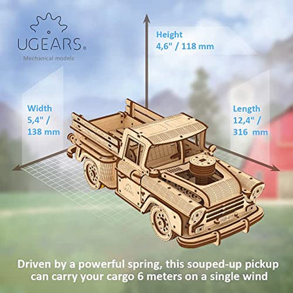 UGEARS Pickup Lumberjack 3D Puzzle - Classic 1950s Pickup Truck 3D Wooden Puzzles for Adults and Kids with Powerful Spring Motor - Detailed Car Model - WoodArtSupply