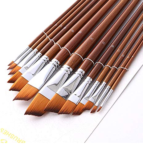 Paint Brushes Nylon Hair Angular Brushes 13pcs Long Handle Acrylic Paint Brush Set for Canvas Painting Oil Paint Professional Painting Kits (Angular - WoodArtSupply