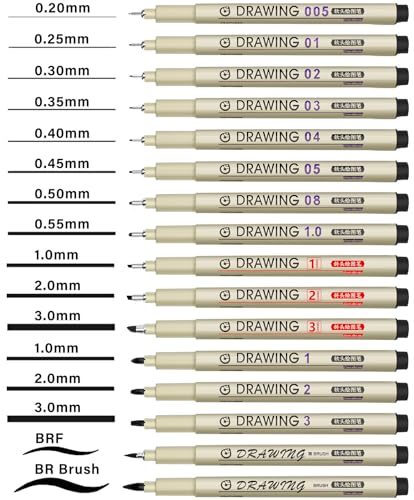 Micro Fineliner Drawing Art Pens: 16 Black Fine Line Waterproof Ink Set Artist Supplies Archival Inking Markers Liner Professional Sketch Outline KOUSICOO