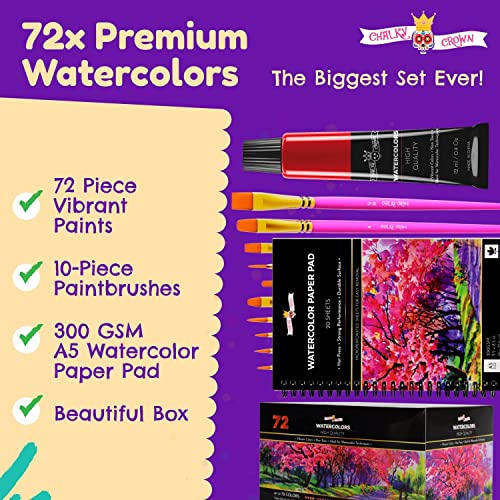 Watercolor Paint Set Kids - 72 Watercolor Paint Tubes, Watercolor Paints Paper Pad, 10 Paint Brushes - Watercolor Tubes, Watercolor Paint Kit for