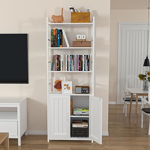 Lazyvan 70" White Bookshelf with Doors and Storage Cabinet - 6 Tier Bookcase for Home and Office - WoodArtSupply