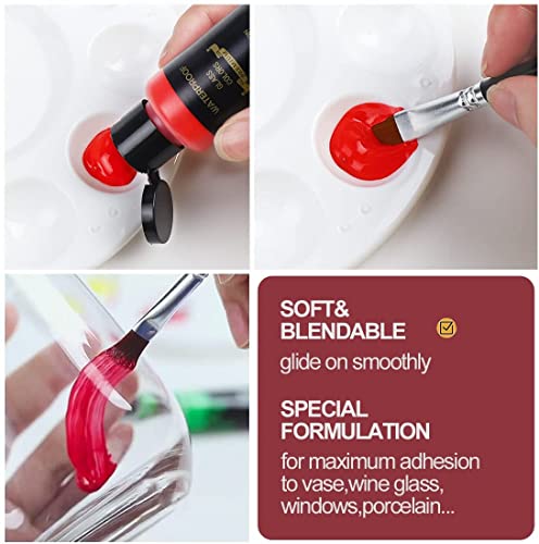 Colorful Glass Paint Kit with 6 Brushes, 1 Palette & 1 Sponge - 30ml/Bottle 26 Colors Permanent Stain Glass Paints for Gallery, Window, Wine Glass Colorful