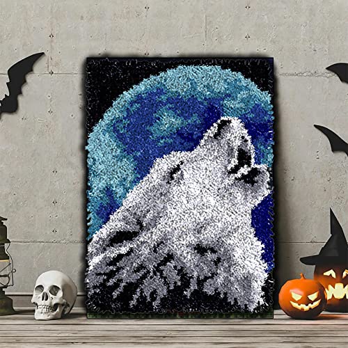 TEZKIM DIY Latch Hook Kits for Adults Beginners Wolf Rug Making Kits with Printed Canvas Doormat Tapestry Kits Needlework Arts Crafts Sewing for