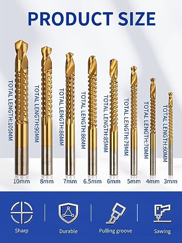 Rocaris 8 Pack Titanium Coated HSS Twist Drill Bits, 3-10mm Serrated Side Cutting Drill Bit Woodworking Tools for Plastic Metal Wood Hole Rocaris