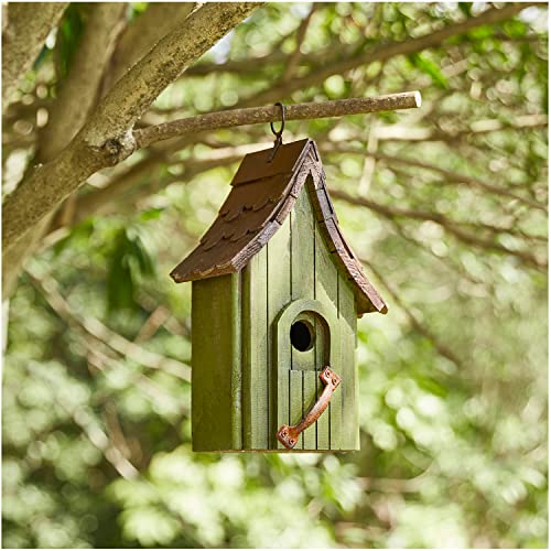 Glitzhome Green Hand Painted Garden Wood Birdhouse with Single Roof Hanging Bird House for Outside glitzhome