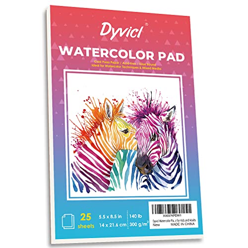 Dyvicl Watercolor Paper Pad 5.5"x8.5", 25 Sheets (140 lb/300gsm), Cold Press, Glue Watercolor Sketchbook for Painting, Drawing, Mixed Media, Acrylic, Dyvicl