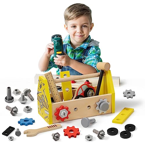 (33-Piece) Wooden Kids Tool Set with Tool Box and Accessory Kits -Toddler Tools Set - Montessori Educational STEM Toys for 2 3 4 5 6 Year Old Boys