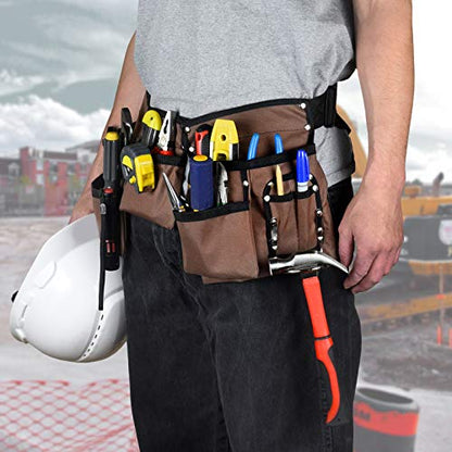 11 Pocket Brown and Black Heavy Duty Construction Tool Belt, Work Apron, Tool Pouch, with Poly Web Belt Quick Release Buckle - Adjusts from 33”