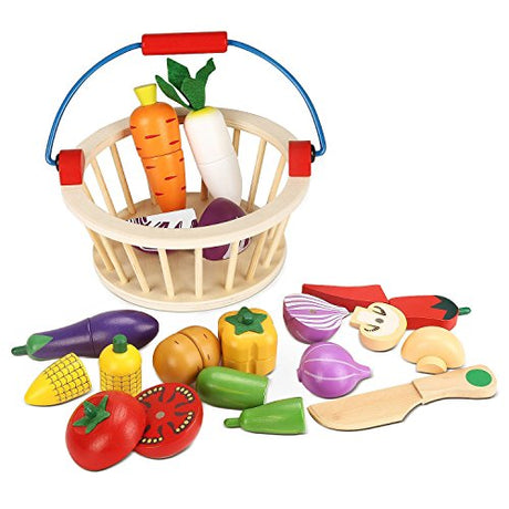 Victostar Magnetic Wooden Cutting Fruits Vegetables Food Play Toy Set with Basket for Kids (Vegetables) Victostar