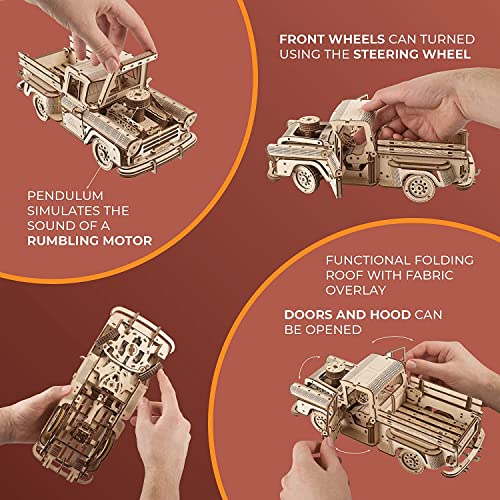 UGEARS Pickup Lumberjack 3D Puzzle - Classic 1950s Pickup Truck 3D Wooden Puzzles for Adults and Kids with Powerful Spring Motor - Detailed Car Model UGEARS