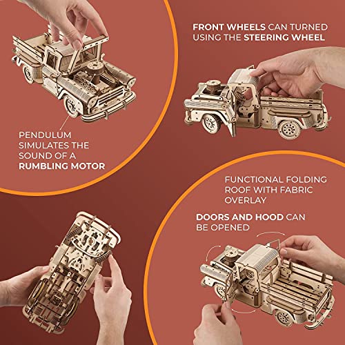 UGEARS Pickup Lumberjack 3D Puzzle - Classic 1950s Pickup Truck 3D Wooden Puzzles for Adults and Kids with Powerful Spring Motor - Detailed Car Model - WoodArtSupply