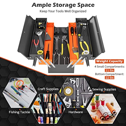 Nightcore 27” x 21” x 8.5” Metal Tool Box, 5-Tray Cantilever Tool Box with 3 Levels Fold Out Organizer Storage, Portable Folding Tool Organizer with Generic