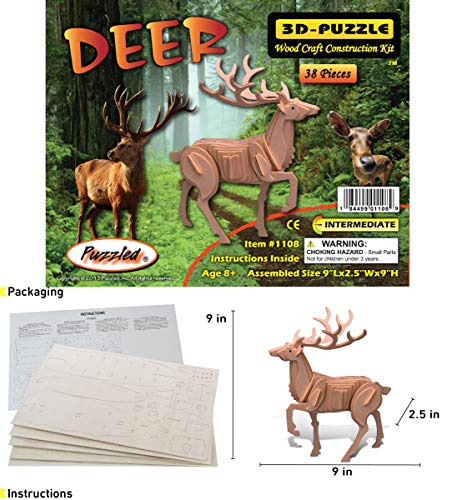 Puzzled 3D Puzzle Deer Wood Craft Construction Model Kit, Fun, Unique & Educational DIY Wooden Toy Assemble Model Unfinished Crafting Hobby Puzzle to - WoodArtSupply