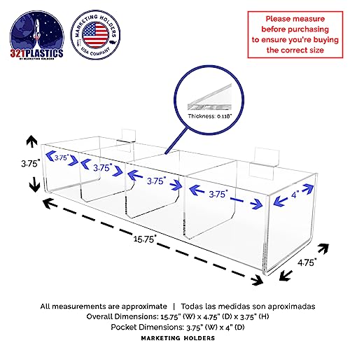 Marketing Holders 2 Pack Slatwall Acrylic Retail Tray Four Compartment 15.75" Wide x 4.75" Deep Clear Product Merchandise Storage Organizer for Marketing Holders