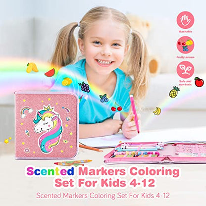 53PCS Fruit Scented Markers Set - Art Coloring Drawing Kits for Kids with Unicorn Pencil Case, Art Supplies for Kids Ages 4 6 8,Stationary Set