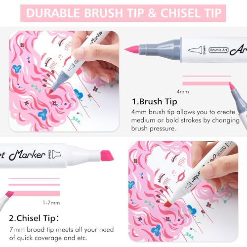 Shuttle Art Pastel Alcohol Markers Brush Tip, Dual Tip Brush & Chisel Tip Art Marker Set, 50 Colors Plus 1 Blender Marker Pens with Case Perfect for